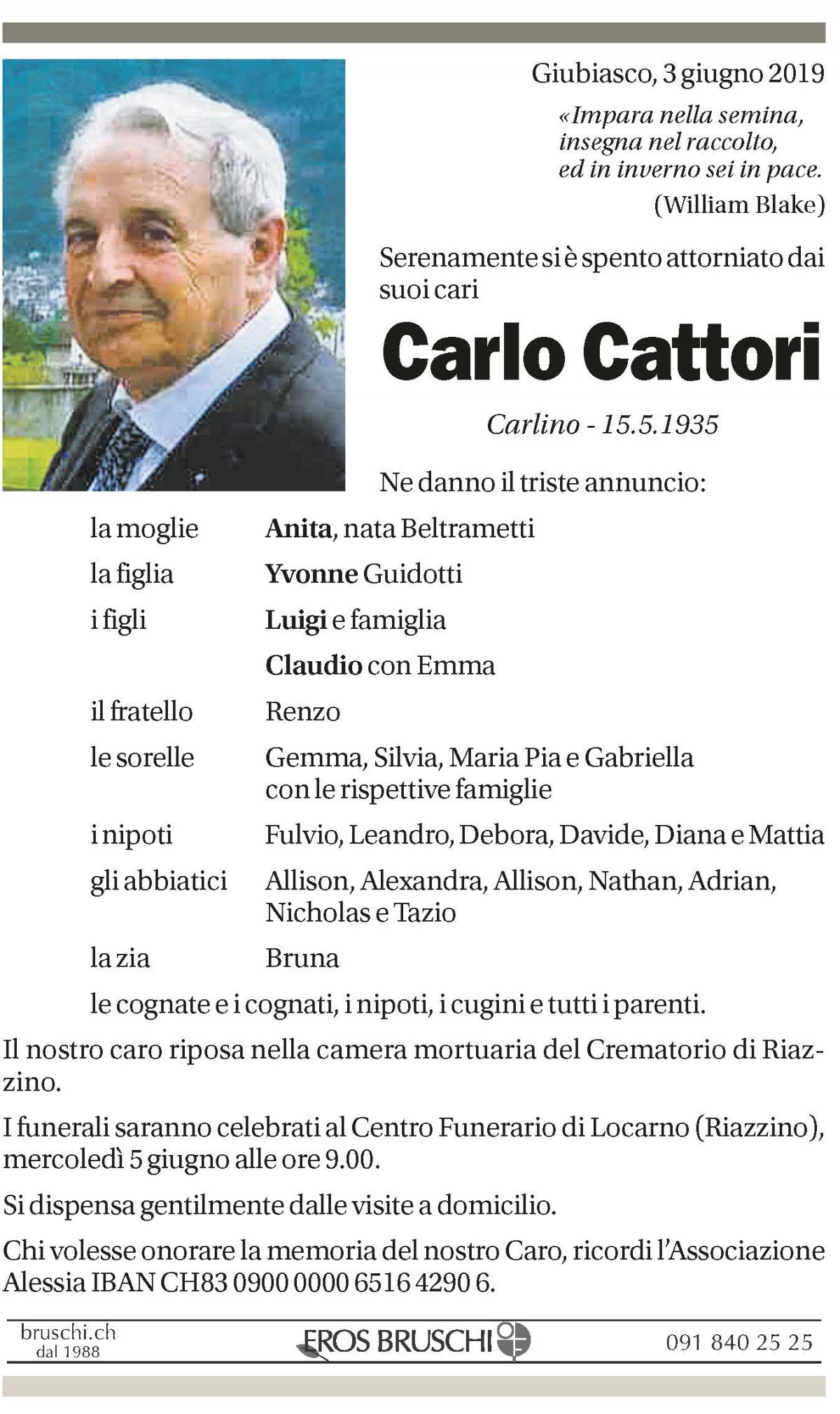 Annuncio funebre Carlo Cattori