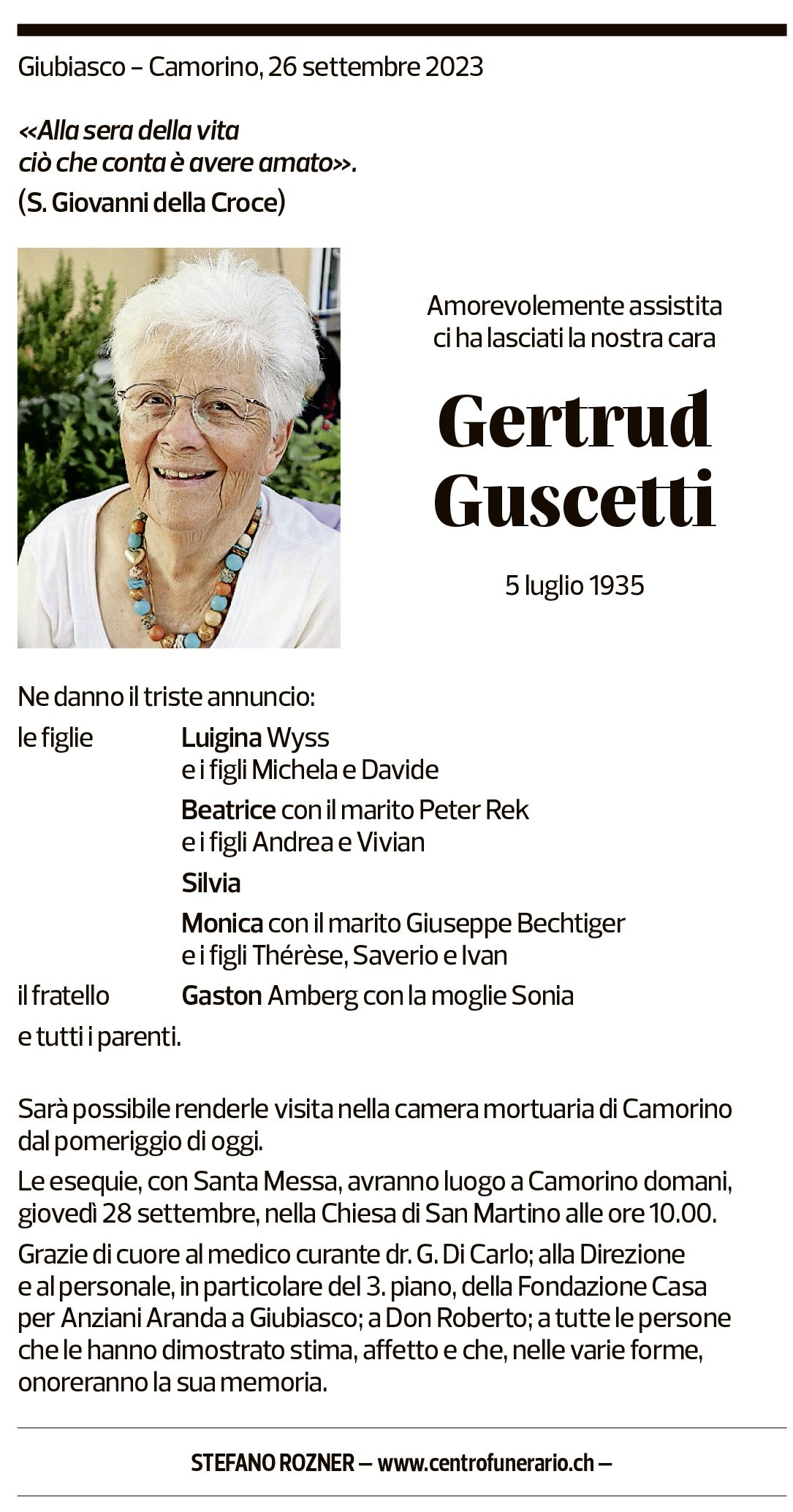 Annuncio funebre Gertrud Guscetti