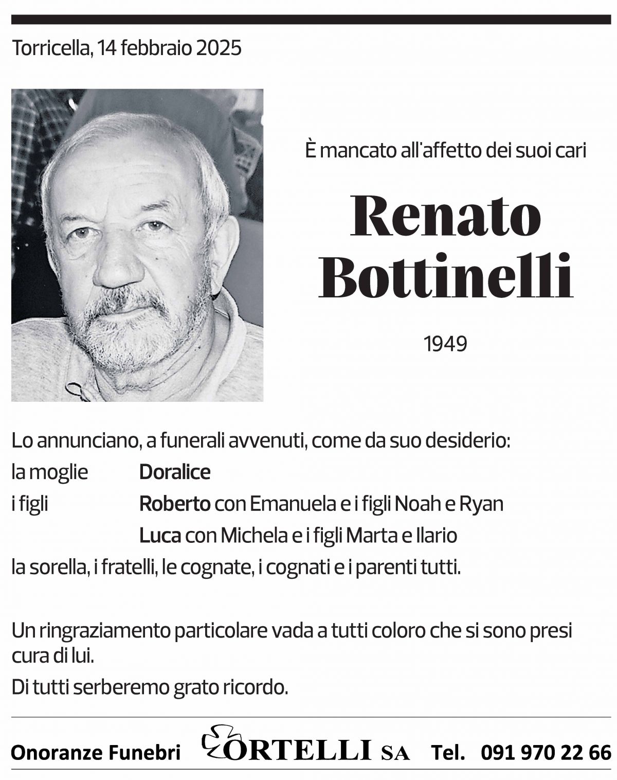 Annuncio funebre Renato Bottinelli