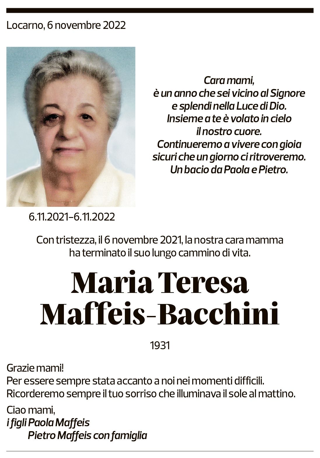 Annuncio funebre Maria Teresa Maffeis-bacchini