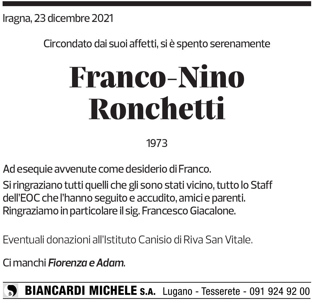 Annuncio funebre Franco-nino Ronchetti