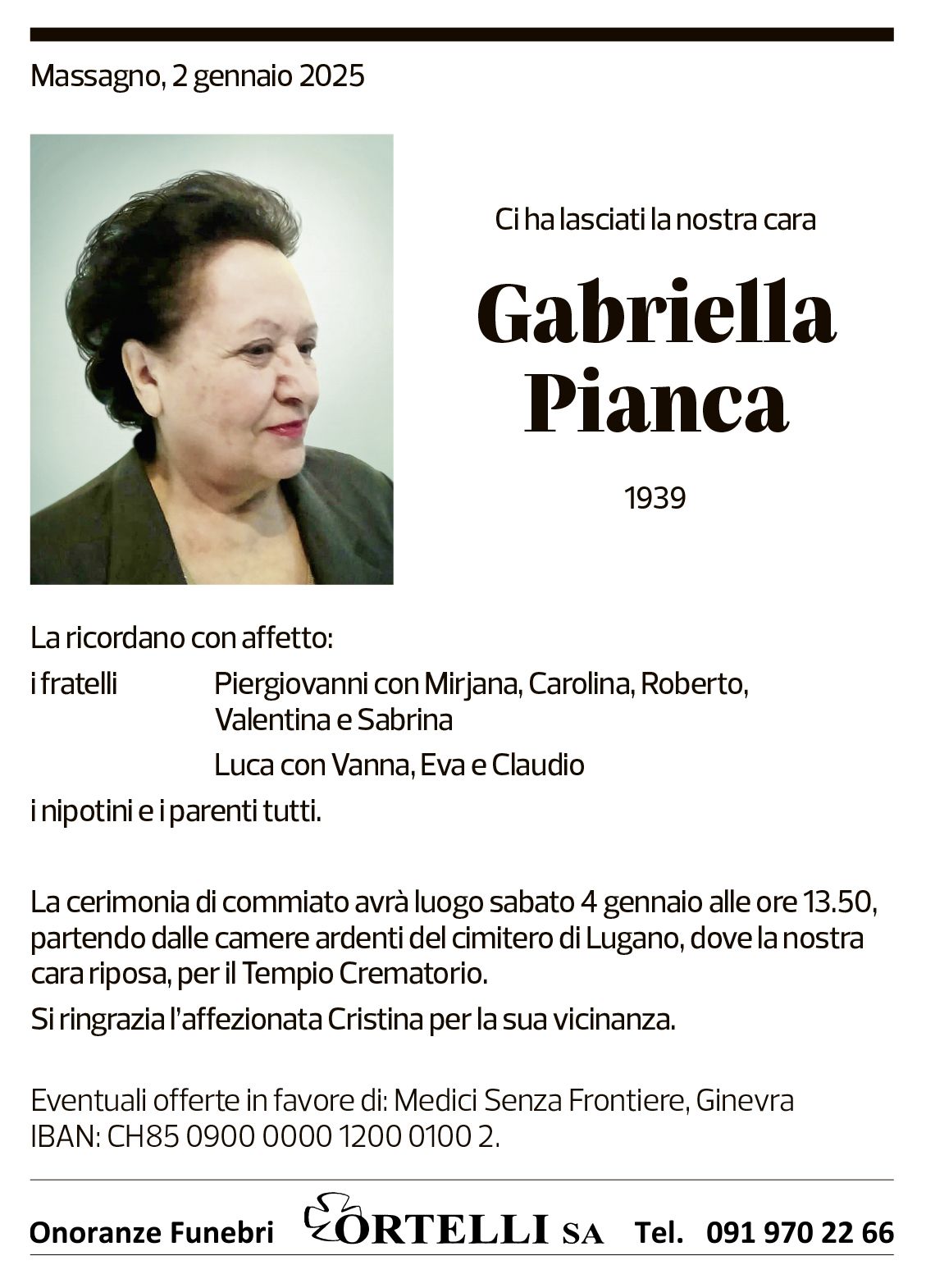 Annuncio funebre Gabriella Pianca