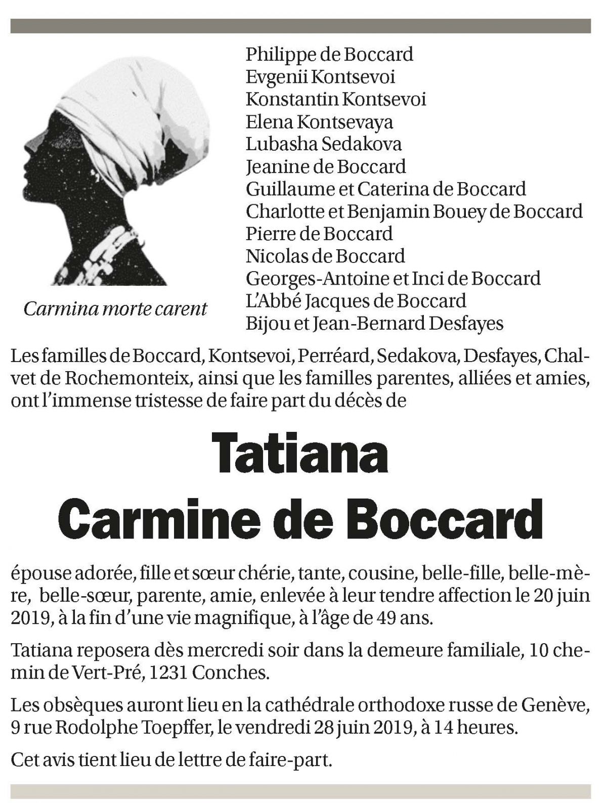 Annuncio funebre Tatiana Carmine De Boccard