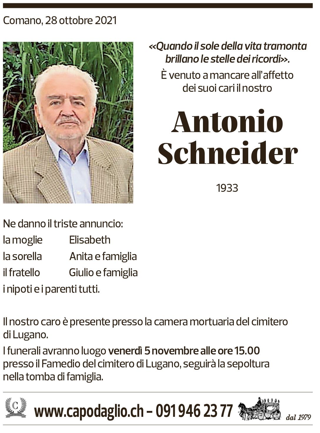 Annuncio funebre Antonio Schneider