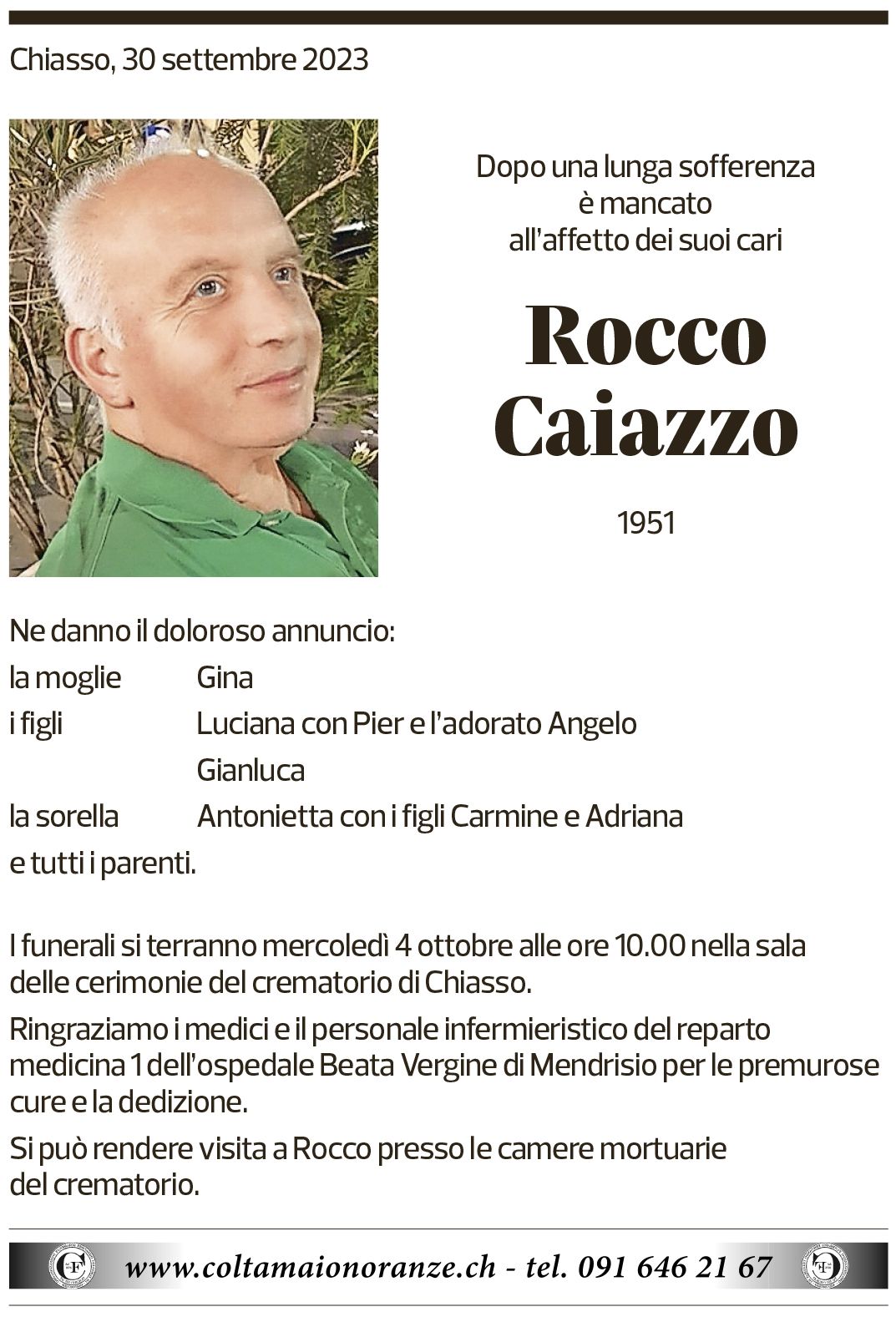 Annuncio funebre Rocco Caiazzo