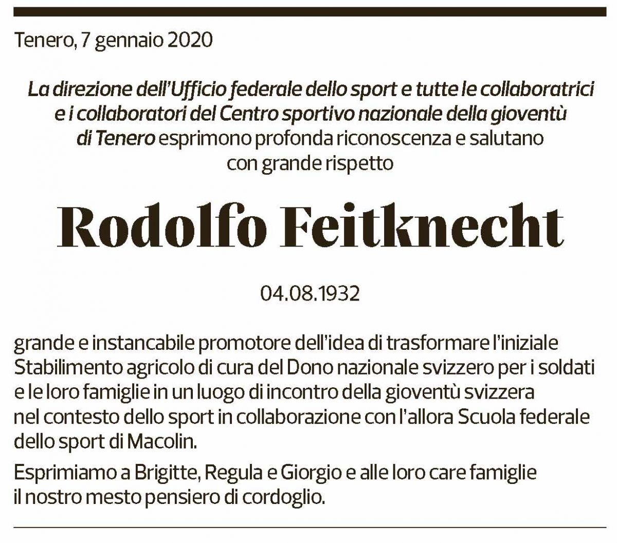 Annuncio funebre Rodolfo Feitknecht