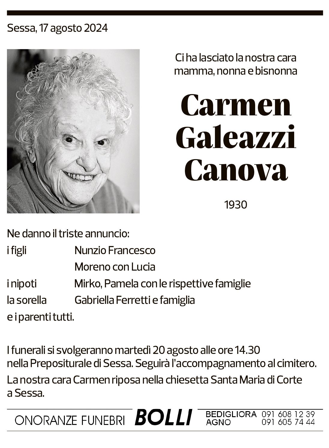 Annuncio funebre Carmen Galeazzi Canova