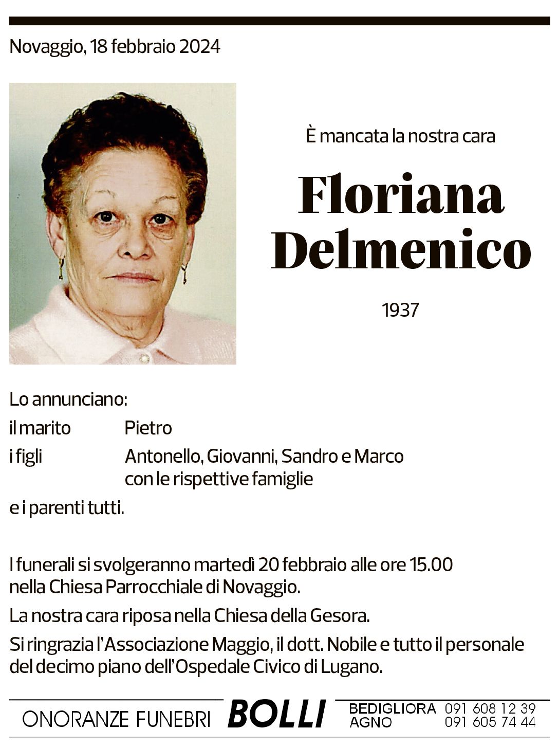 Annuncio funebre Floriana Delmenico