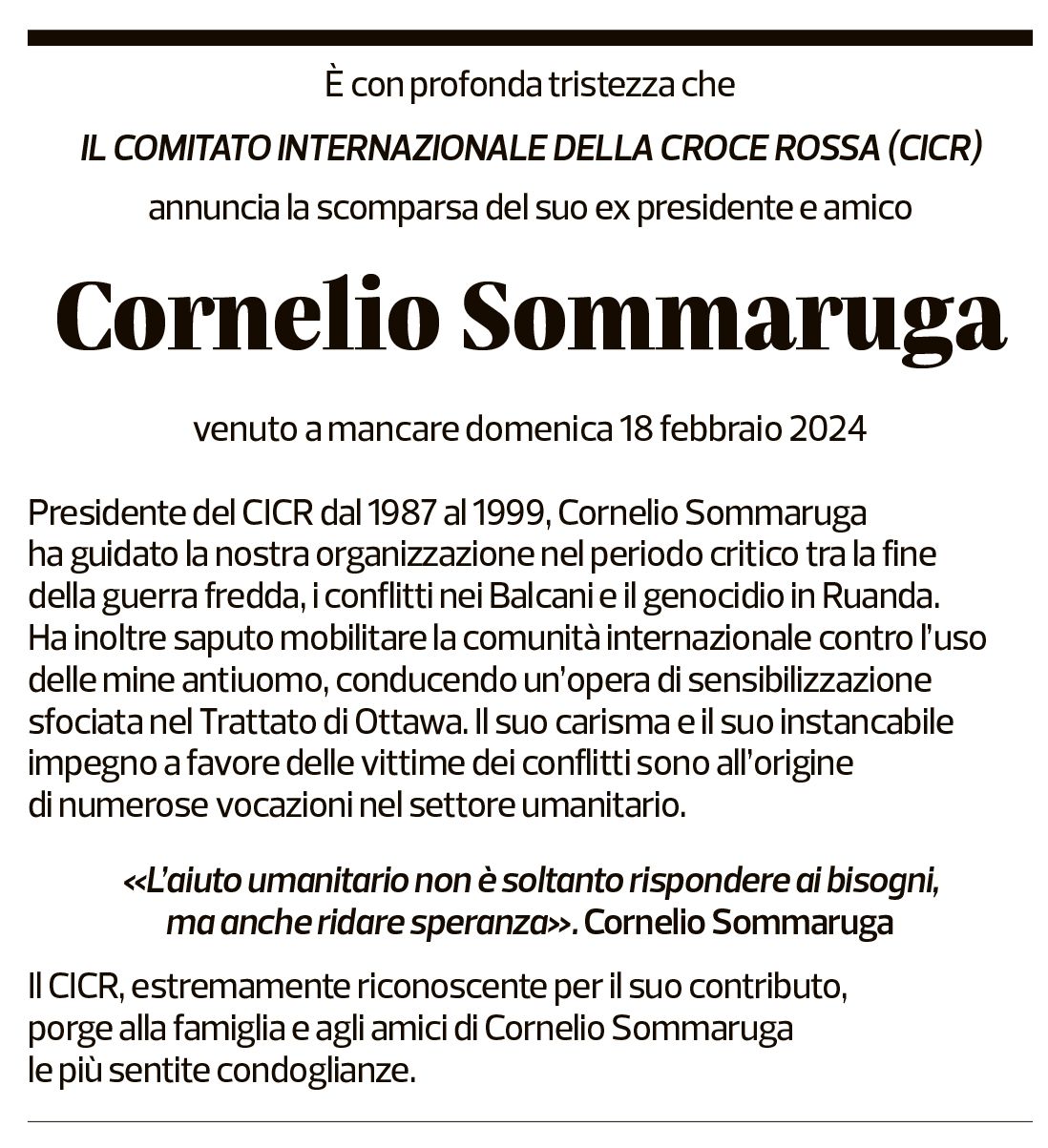 Annuncio funebre Cornelio Sommaruga