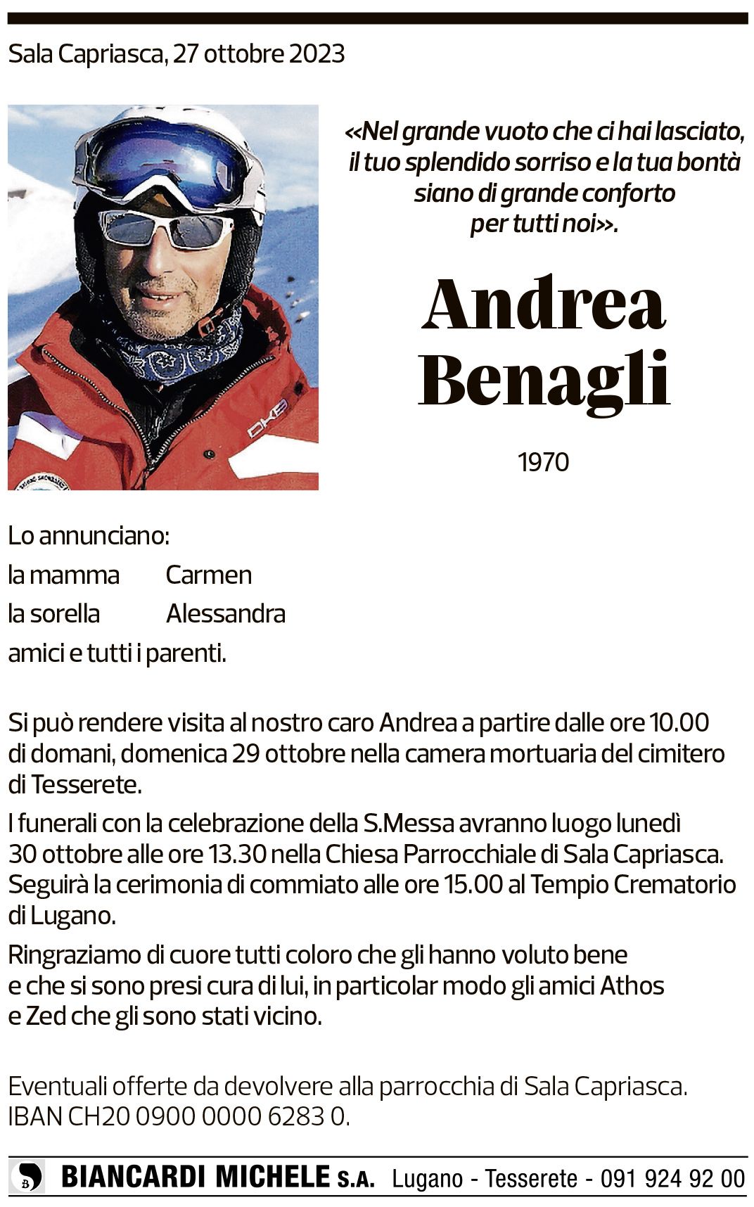 Annuncio funebre Andrea Benagli