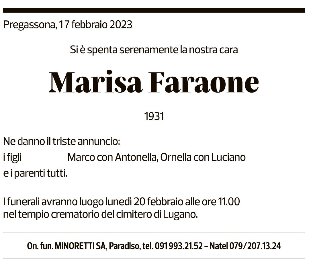 Annuncio funebre Marisa Faraone