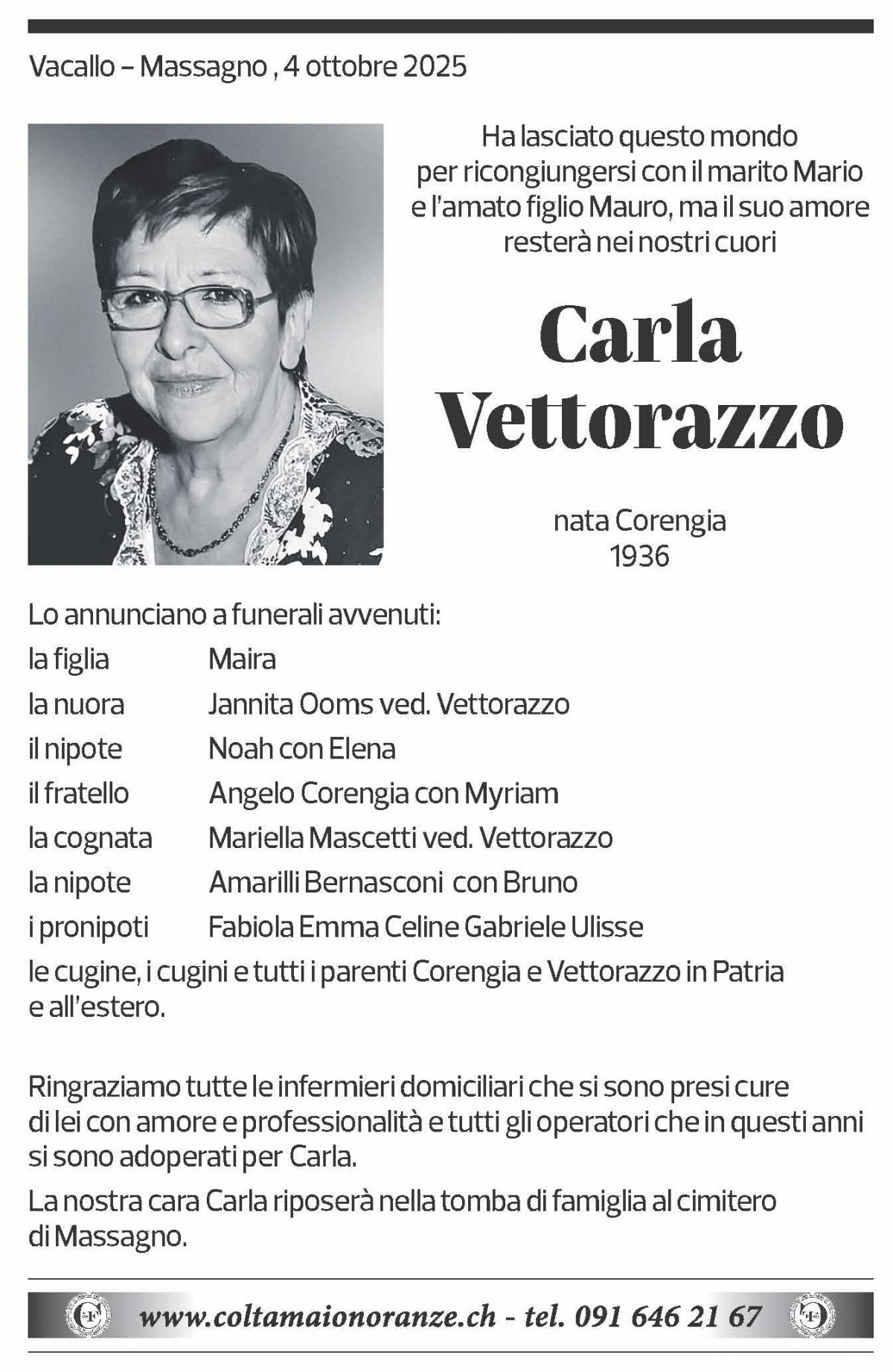 Annuncio funebre Carla Vettorazzo