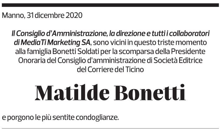 Annuncio funebre Matilde Bonetti Soldati