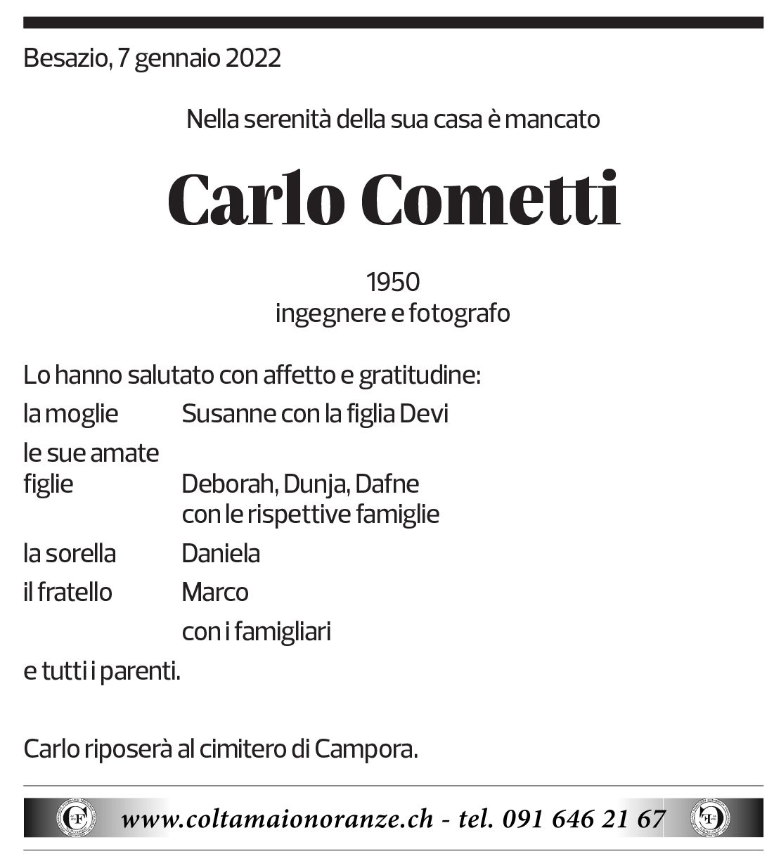 Annuncio funebre Carlo Cometti