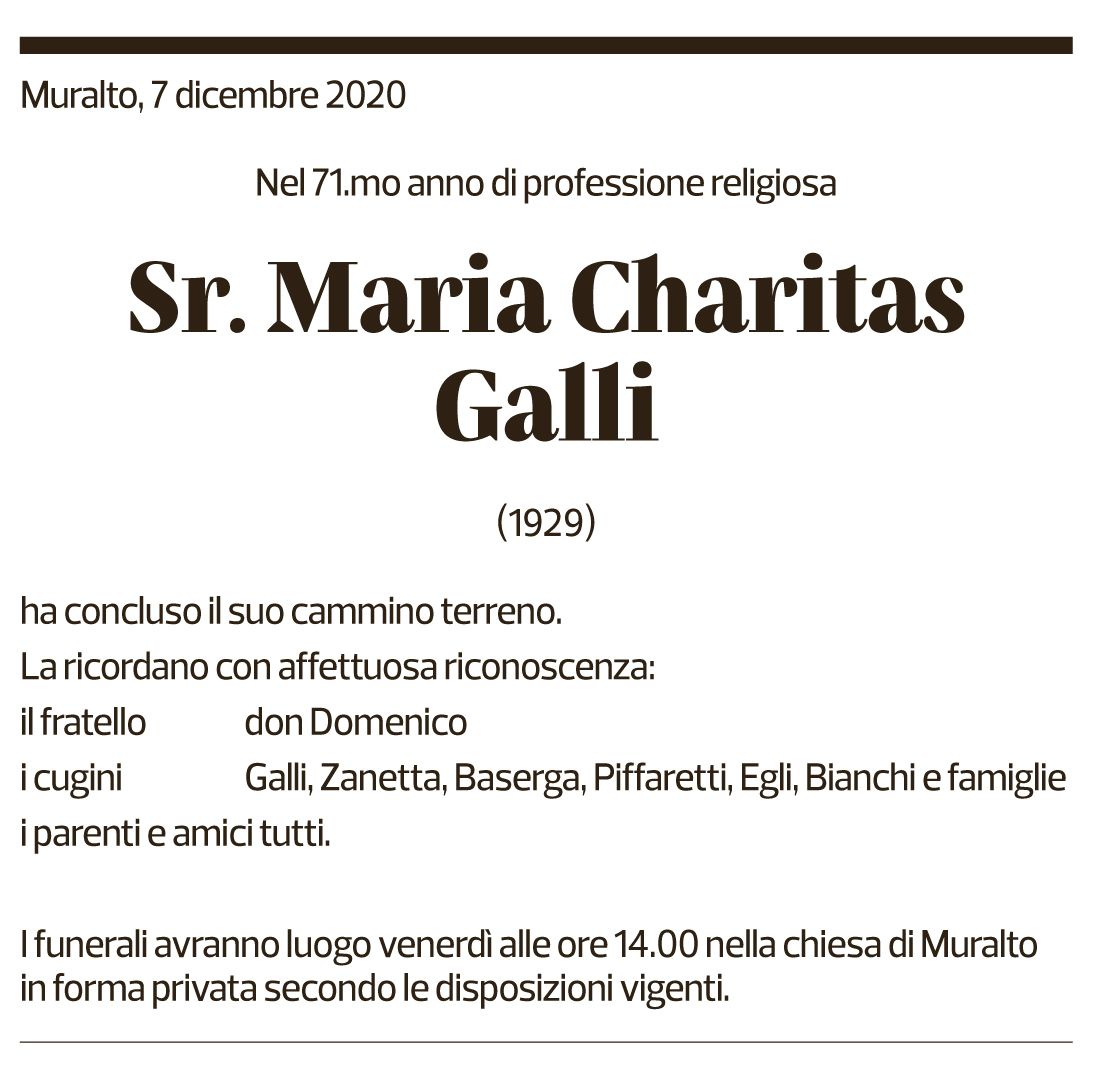 Annuncio funebre Suor Maria Charitas Galli