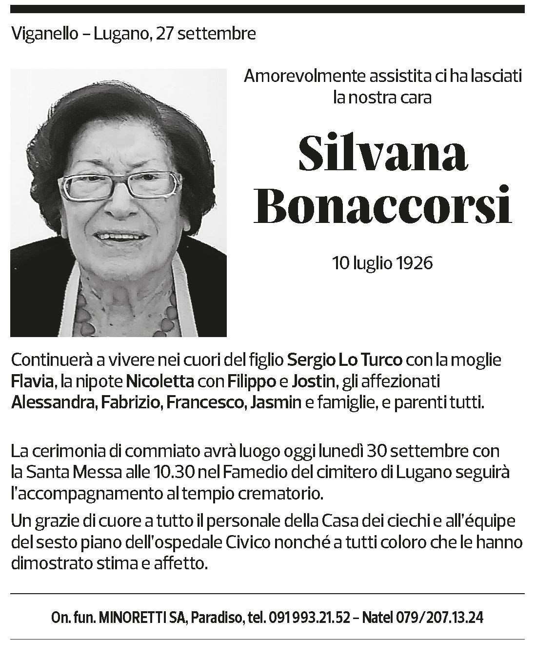 Annuncio funebre Silvana Bonaccorsi