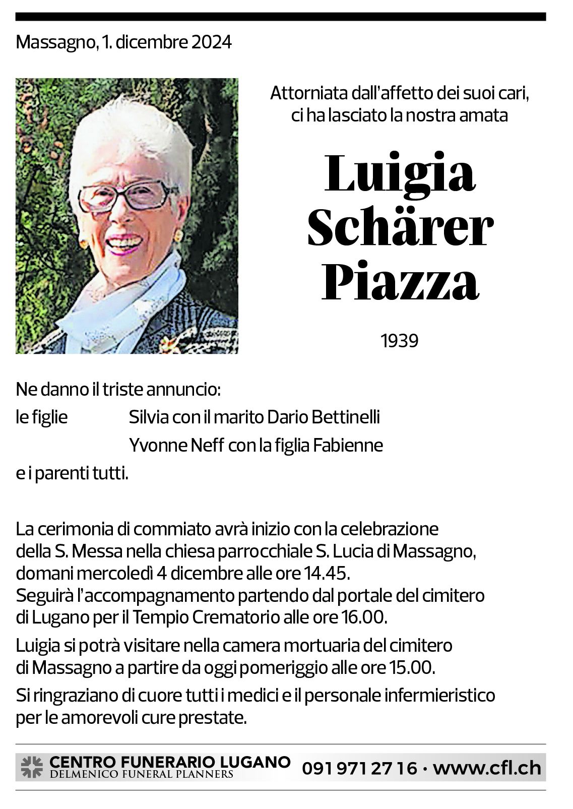 Annuncio funebre Luigia Schärer Piazza