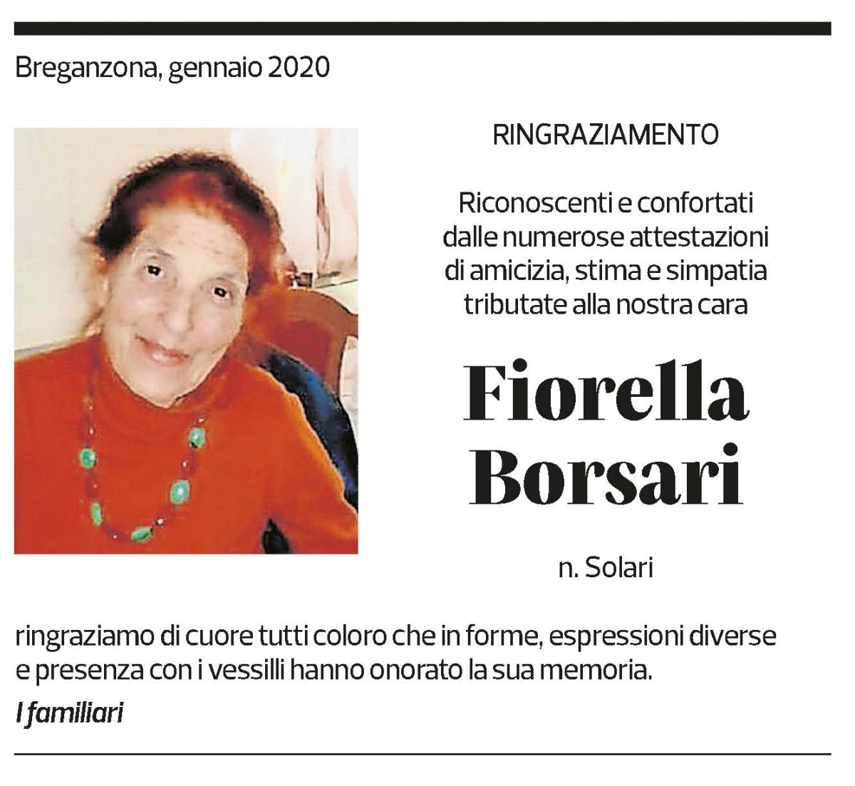 Annuncio funebre Fiorella Borsari