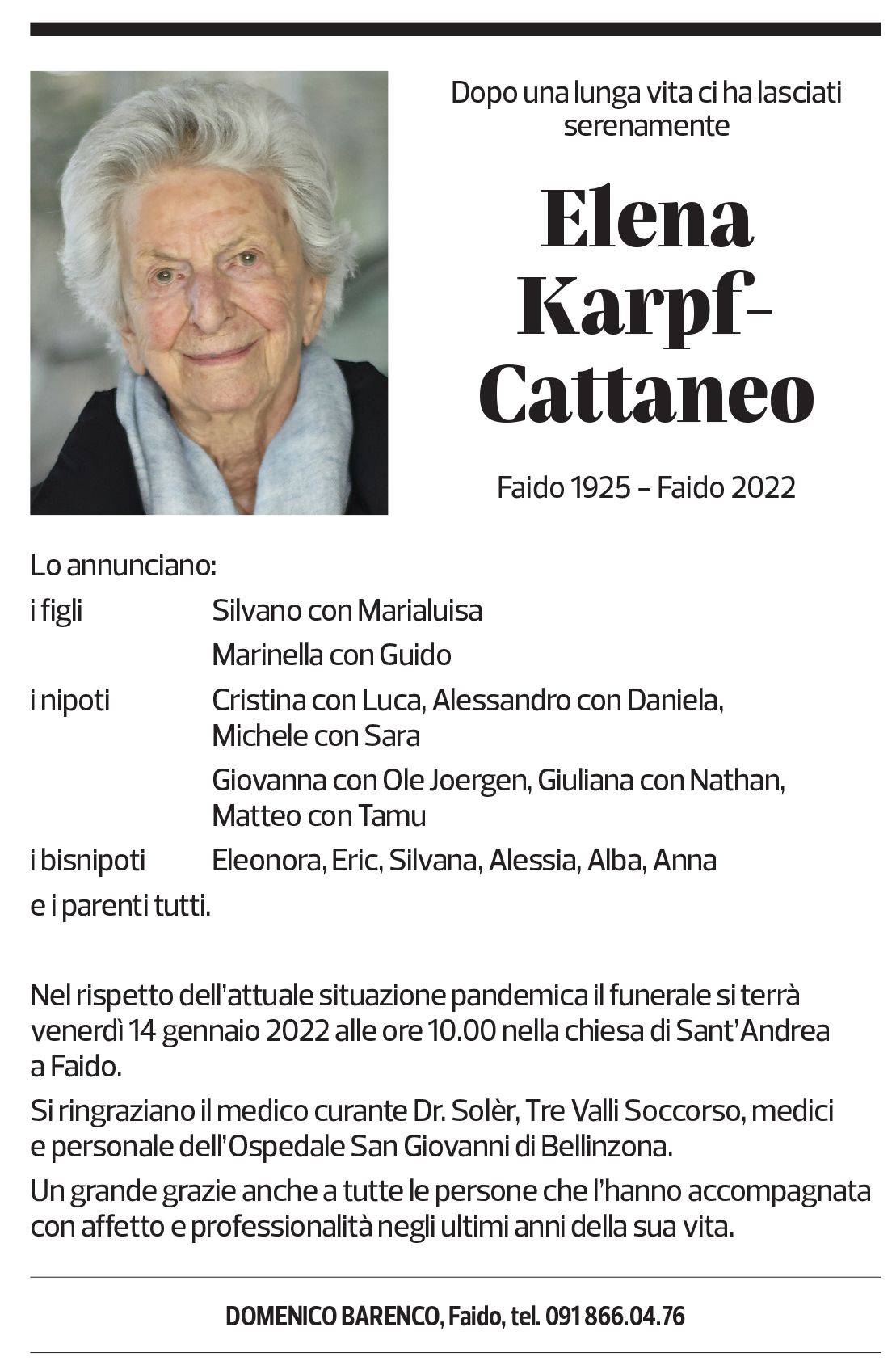 Annuncio funebre Elena Karft-cattaneo