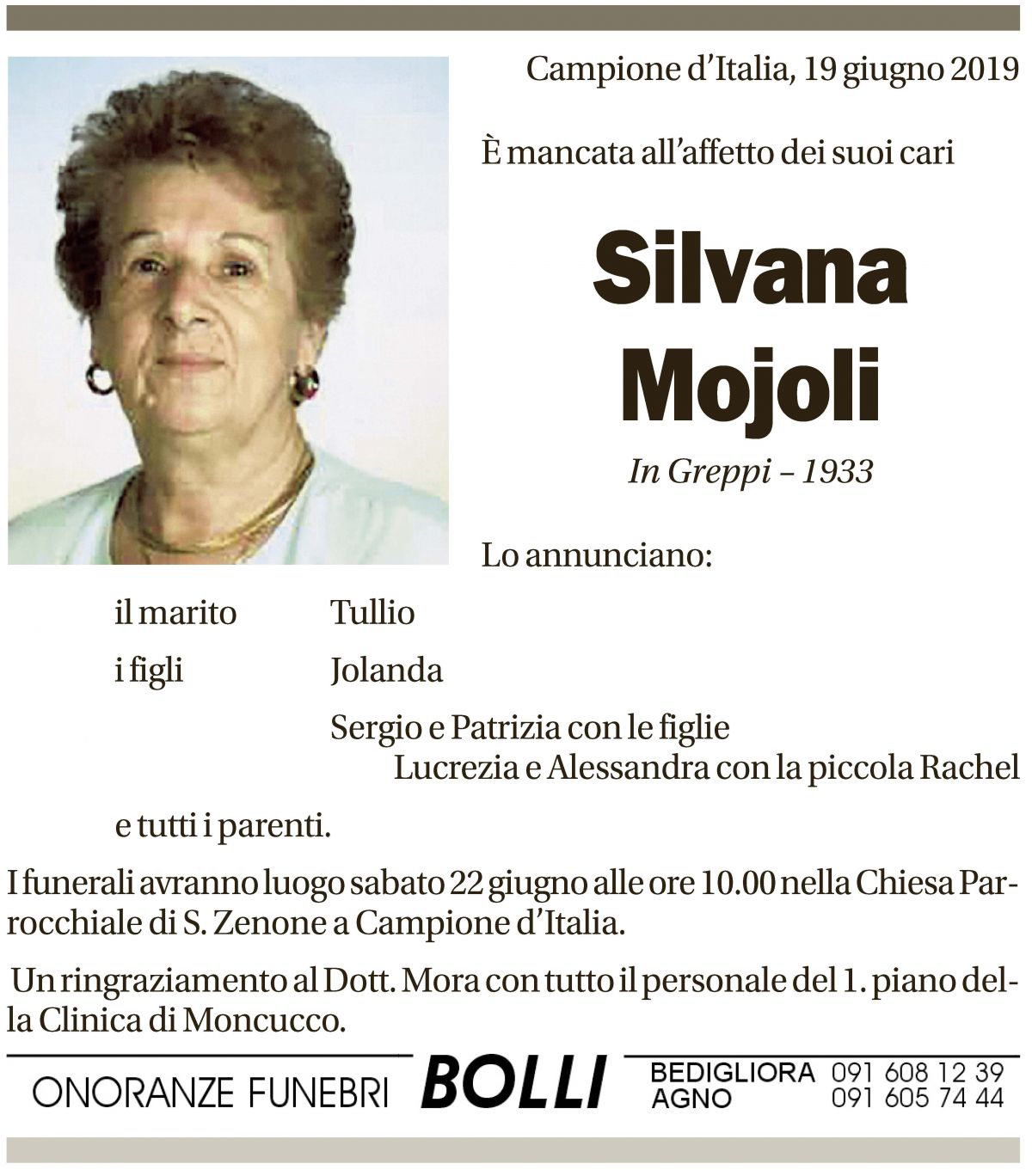 Annuncio funebre Silvana Mojoli