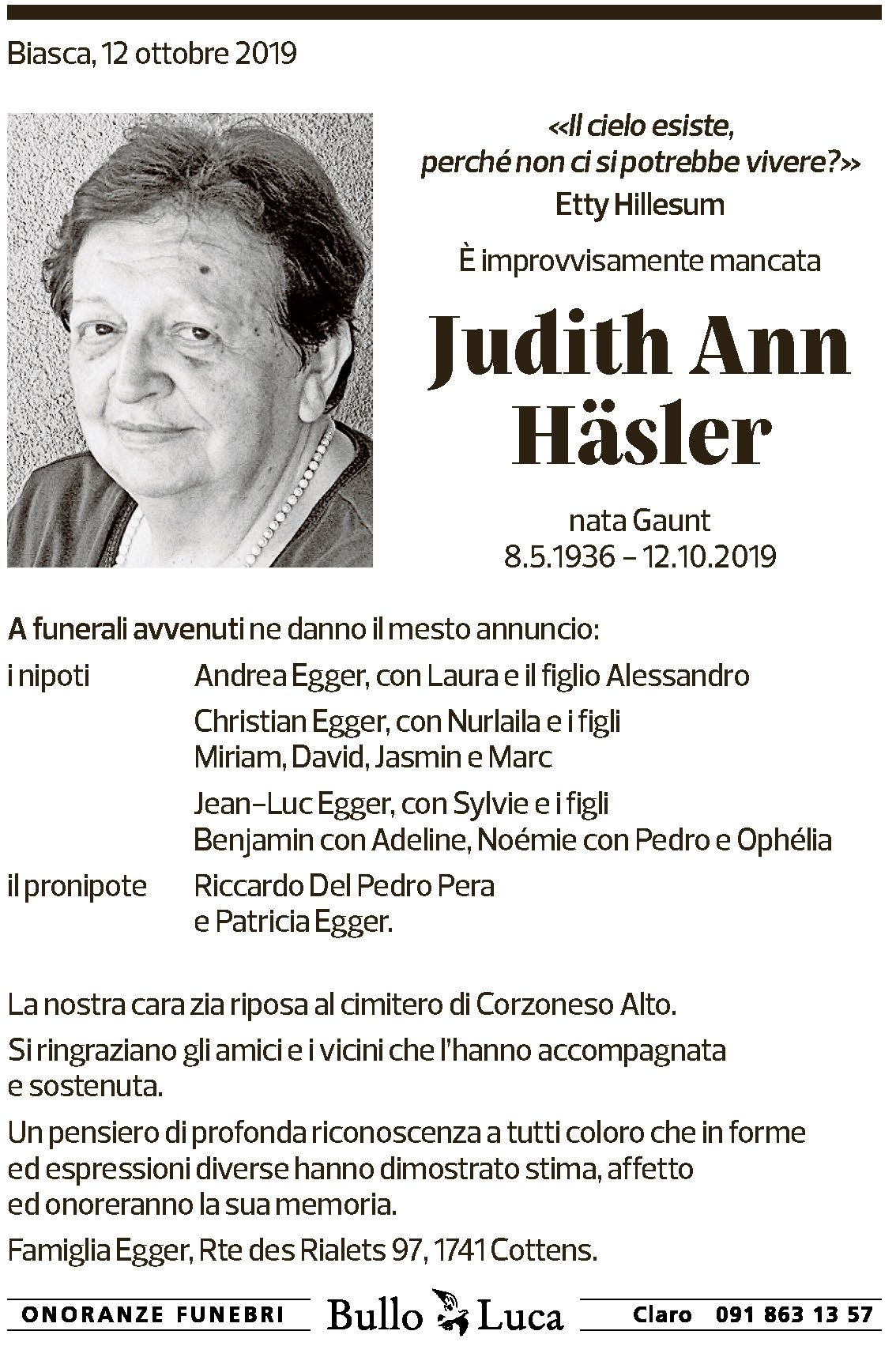 Annuncio funebre Judith Ann Häsler