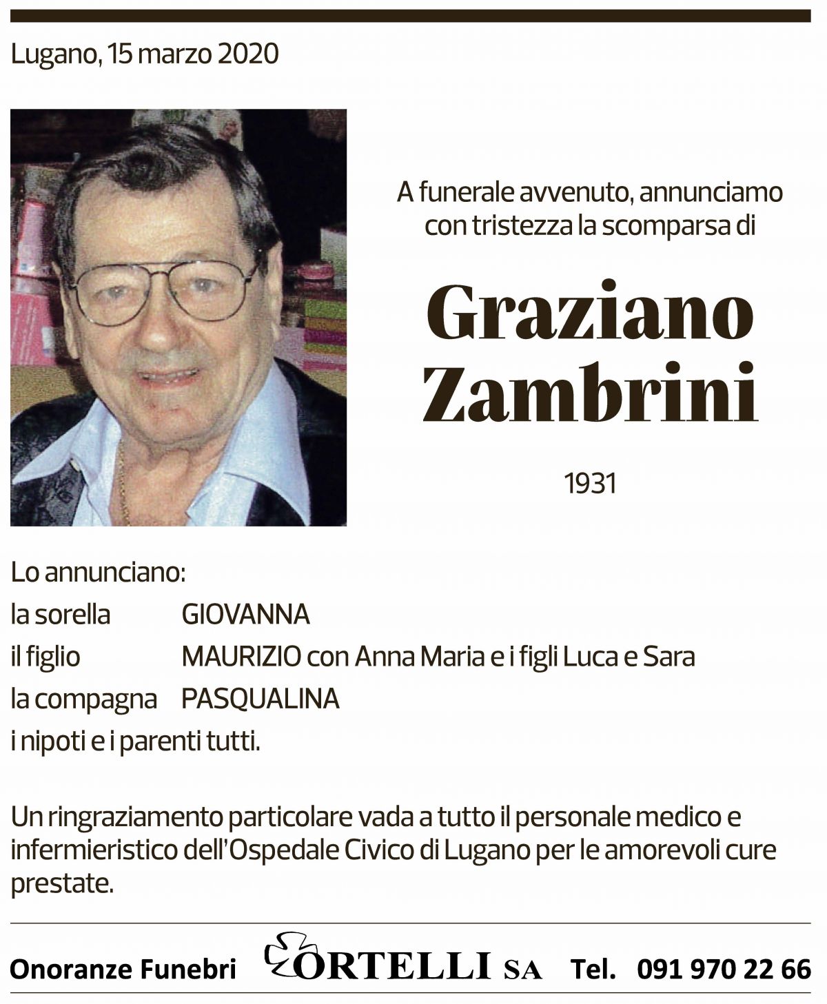 Annuncio funebre Graziano Zambrini