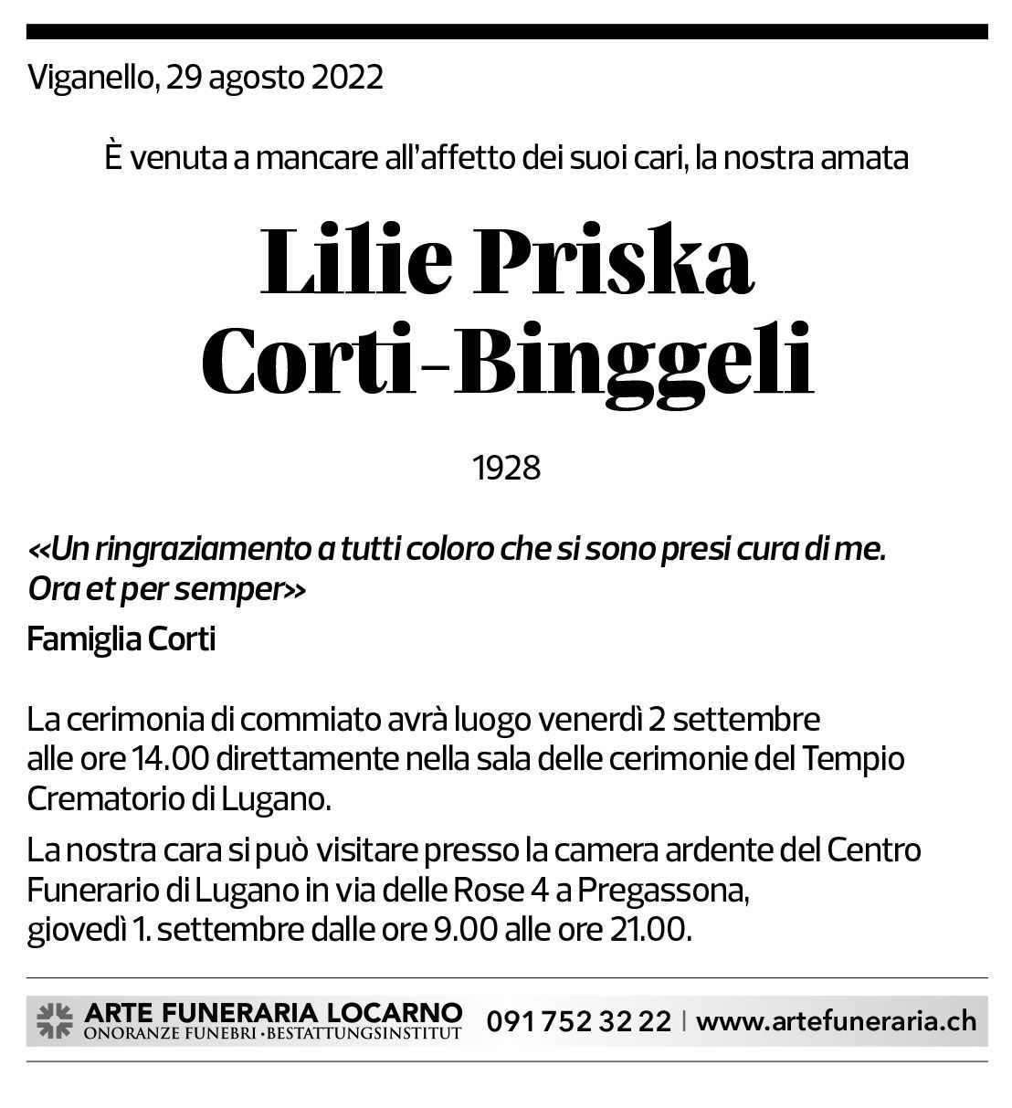 Annuncio funebre Lilie Priska Corti-binggeli