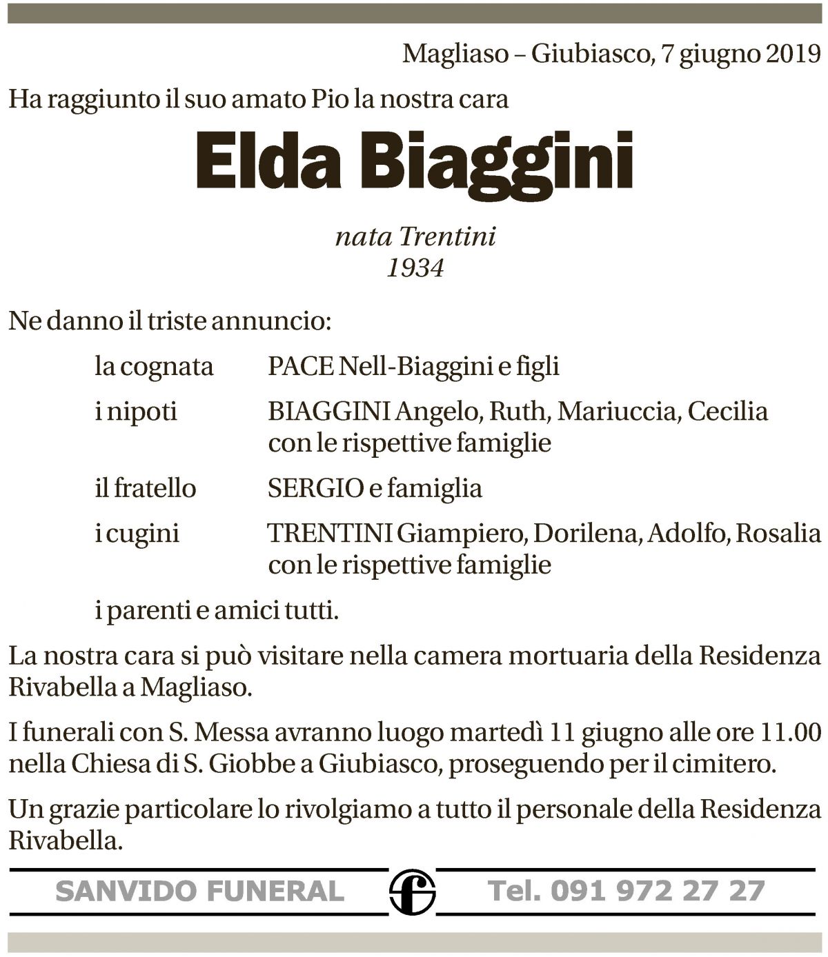 Annuncio funebre Elda Biaggini
