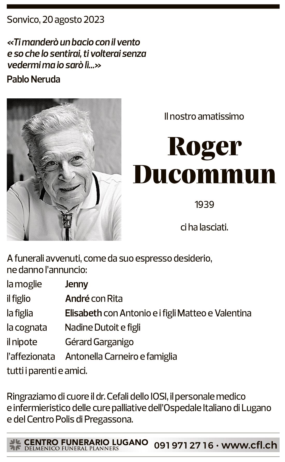 Annuncio funebre Roger Ducommun