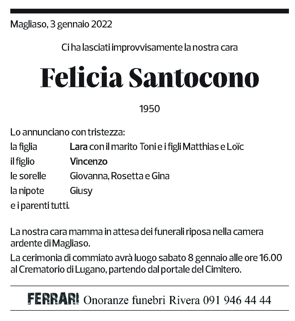 Annuncio funebre Felicia Santocono