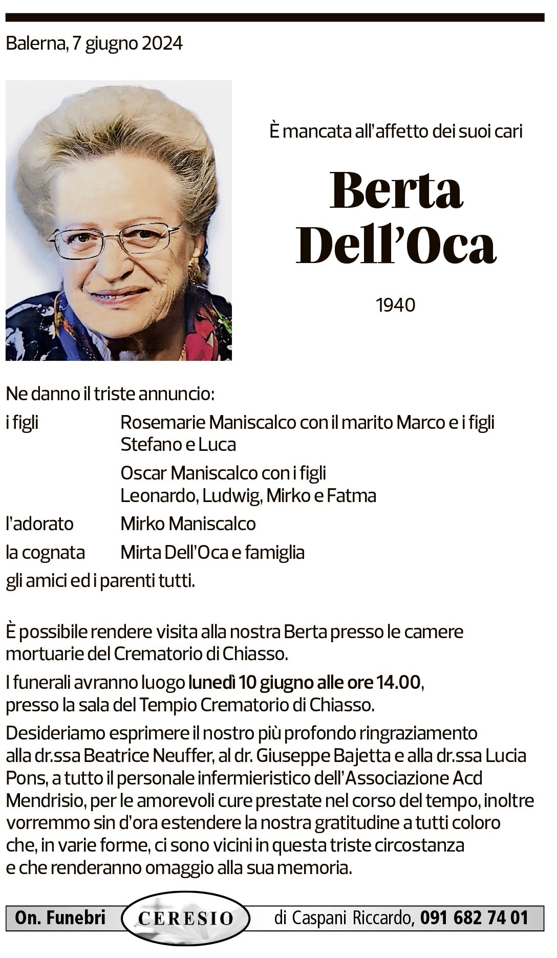 Annuncio funebre Berta Dell'oca