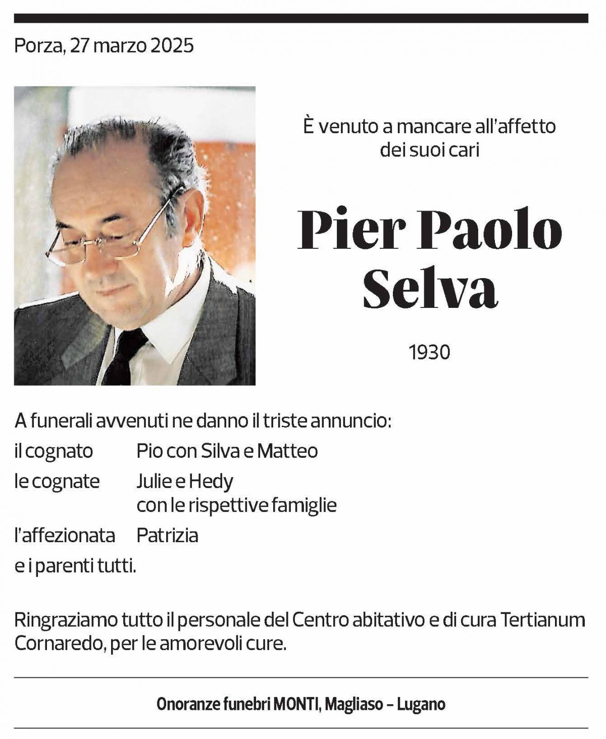 Annuncio funebre Pier Paolo Selva