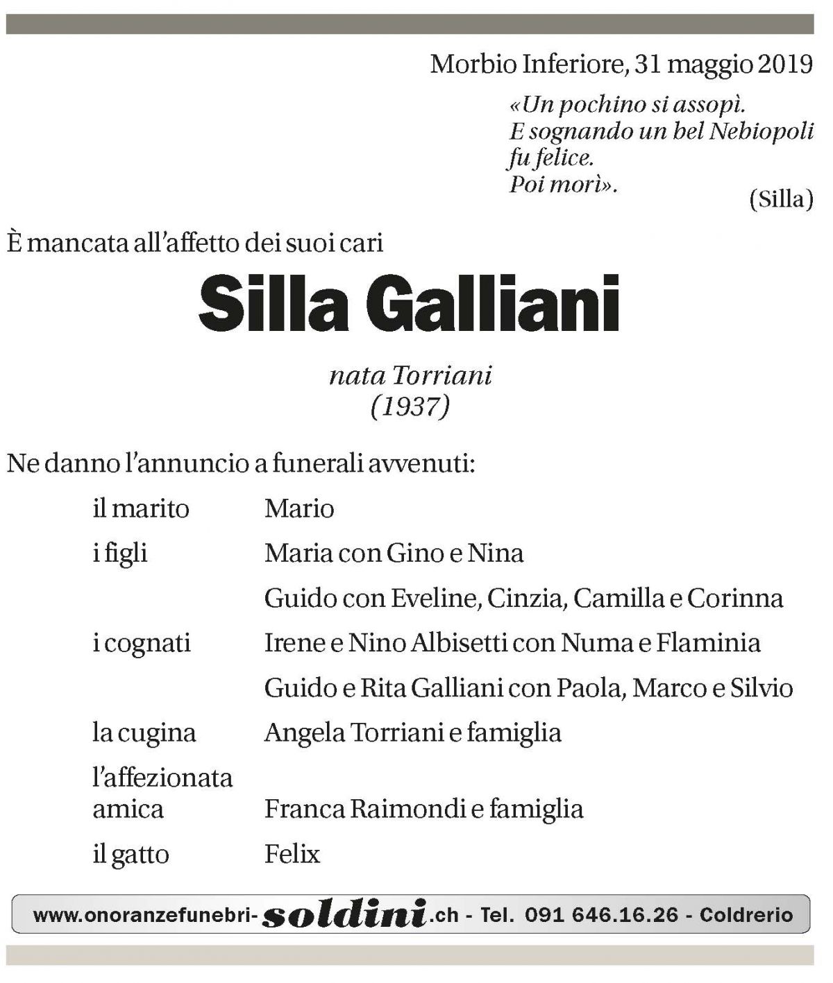 Annuncio funebre Silla Galliani
