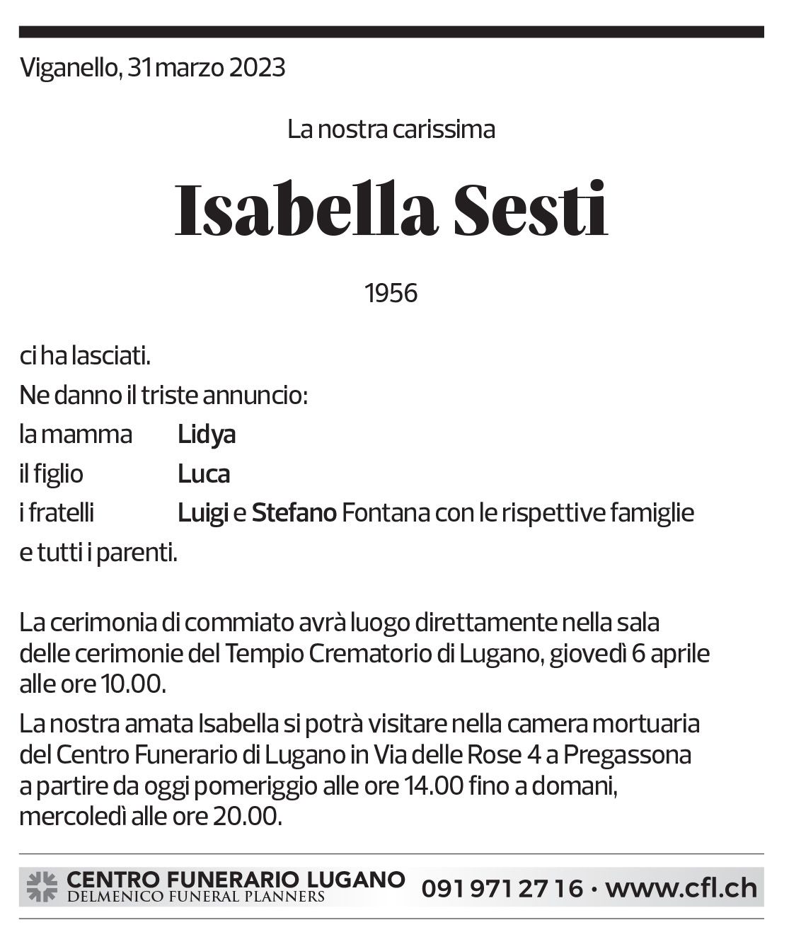 Annuncio funebre Isabella Sesti