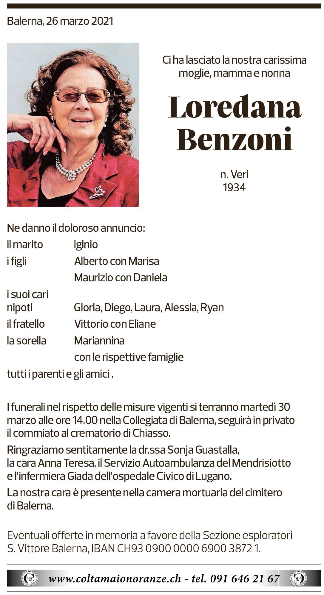 Annuncio funebre Loredana Benzoni