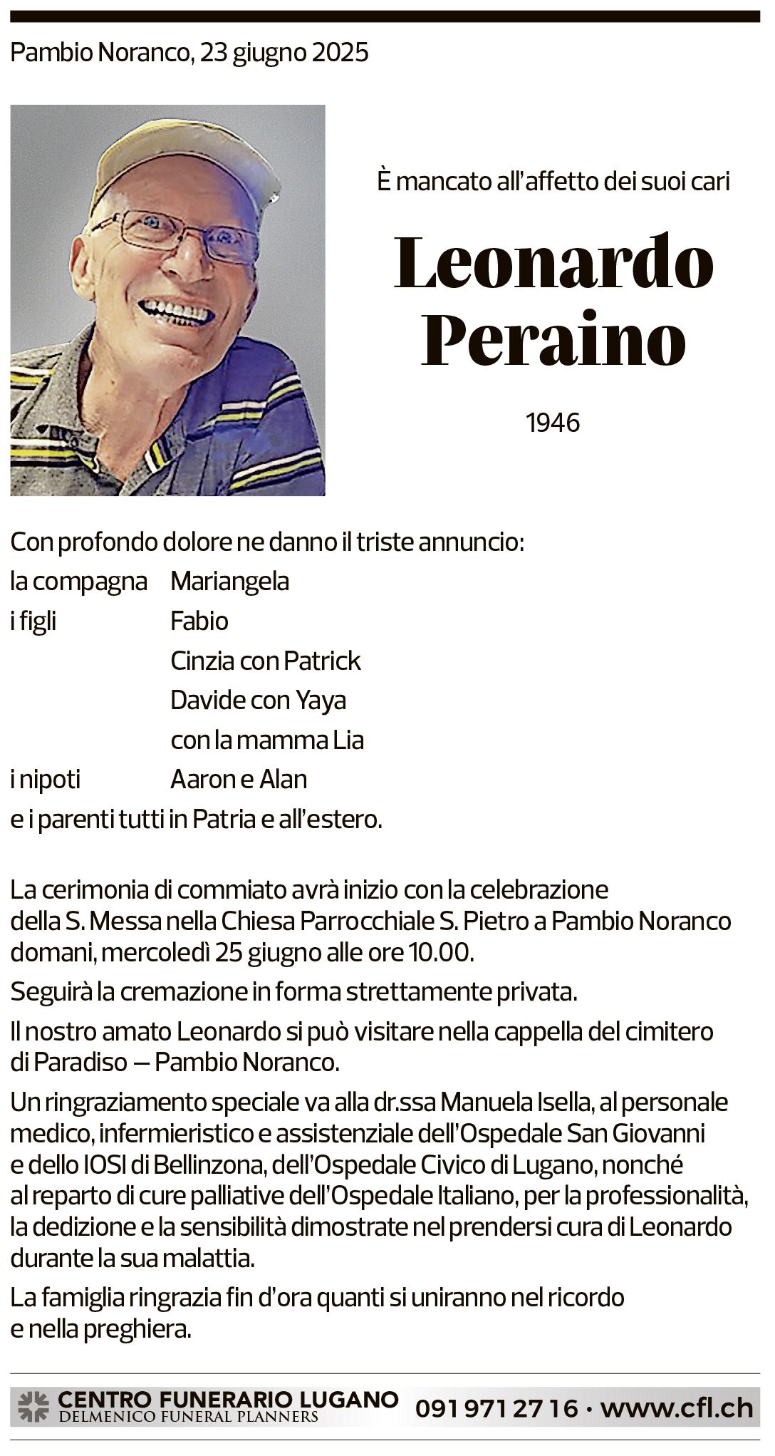 Annuncio funebre Leonardo Peraino