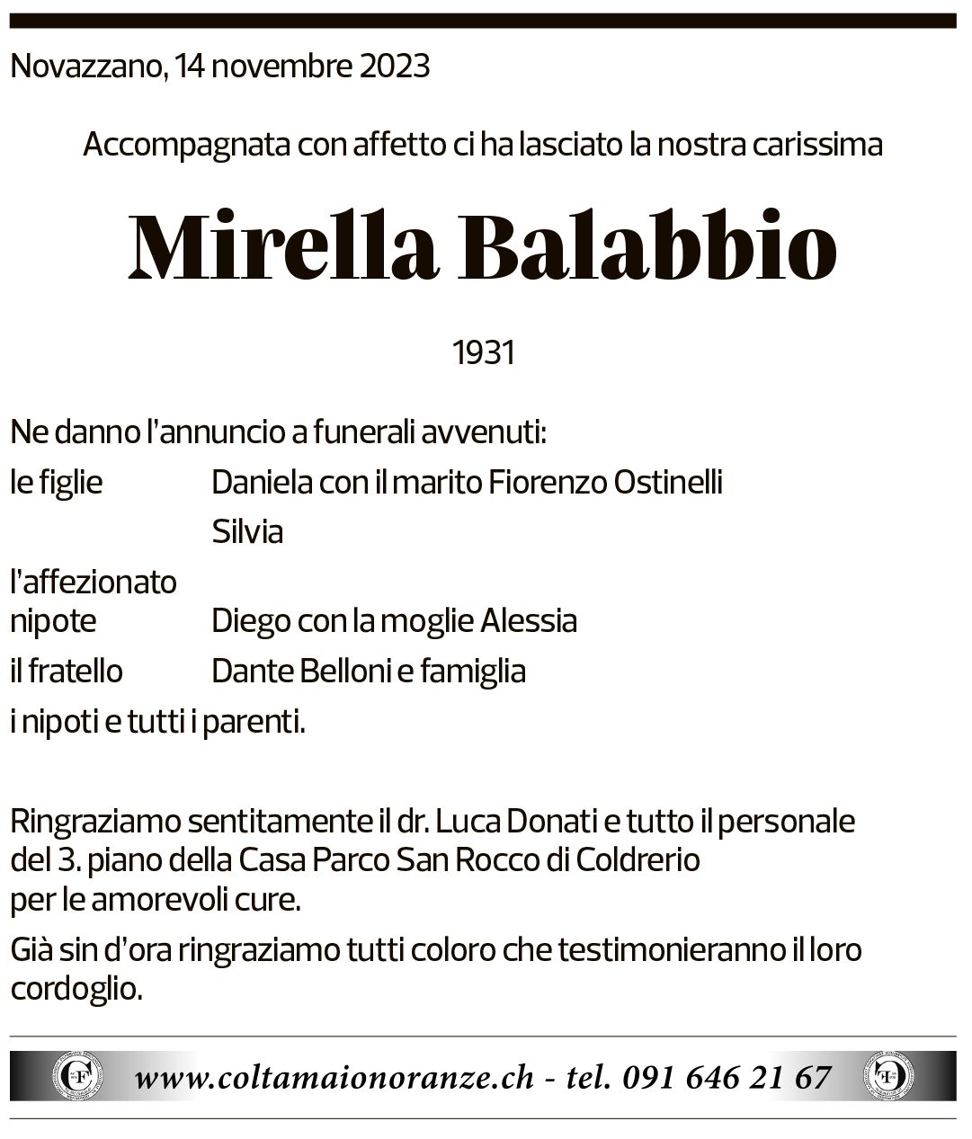 Annuncio funebre Mirella Balabbio