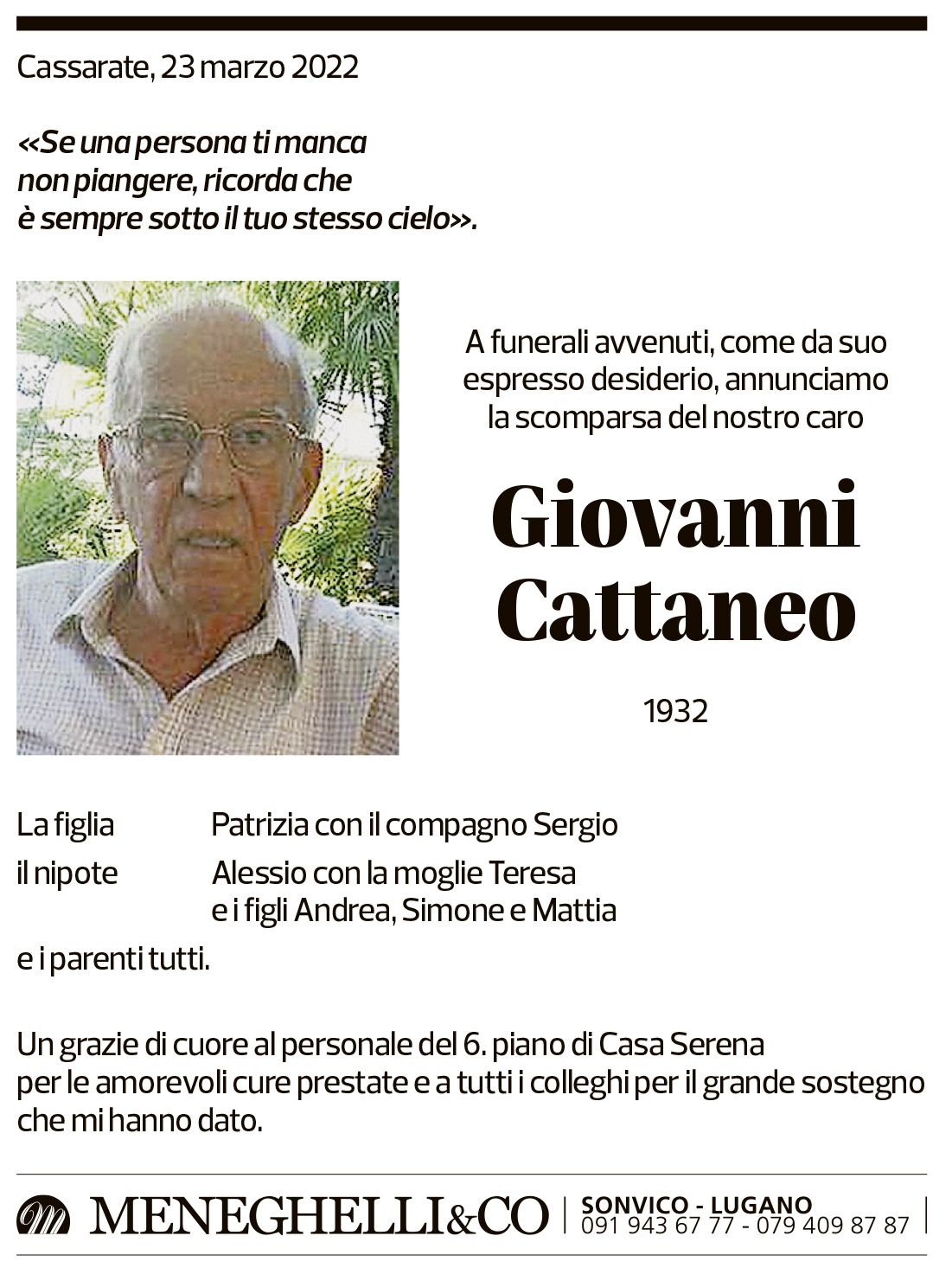 Annuncio funebre Giovanni Cattaneo