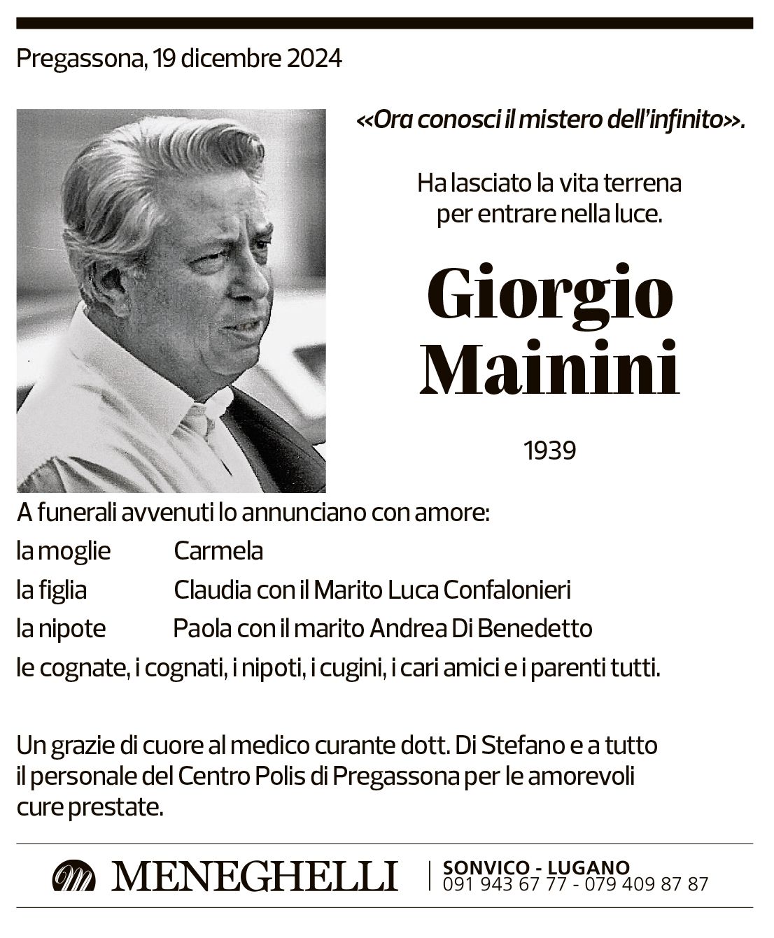 Annuncio funebre Giorgio Mainini