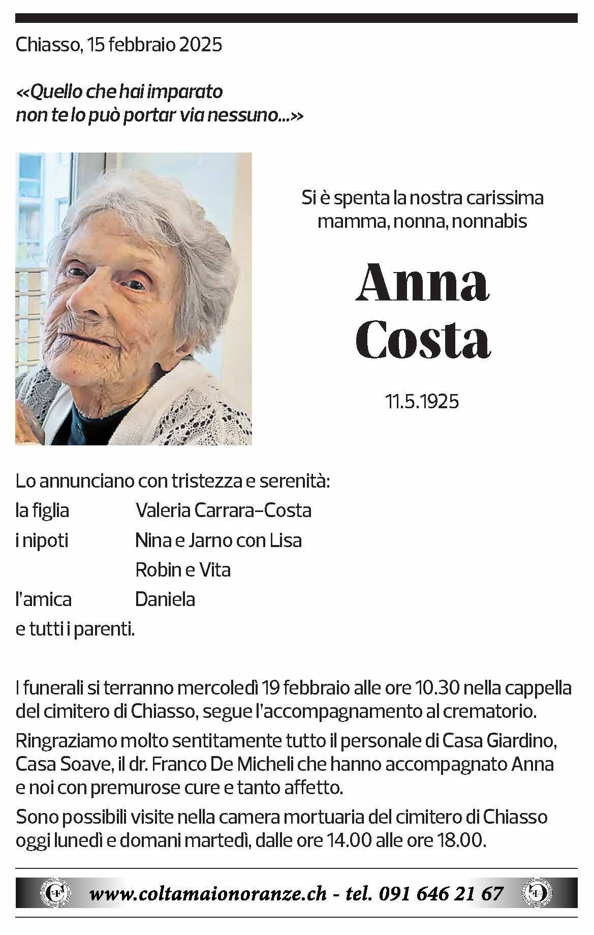 Annuncio funebre Anna Costa