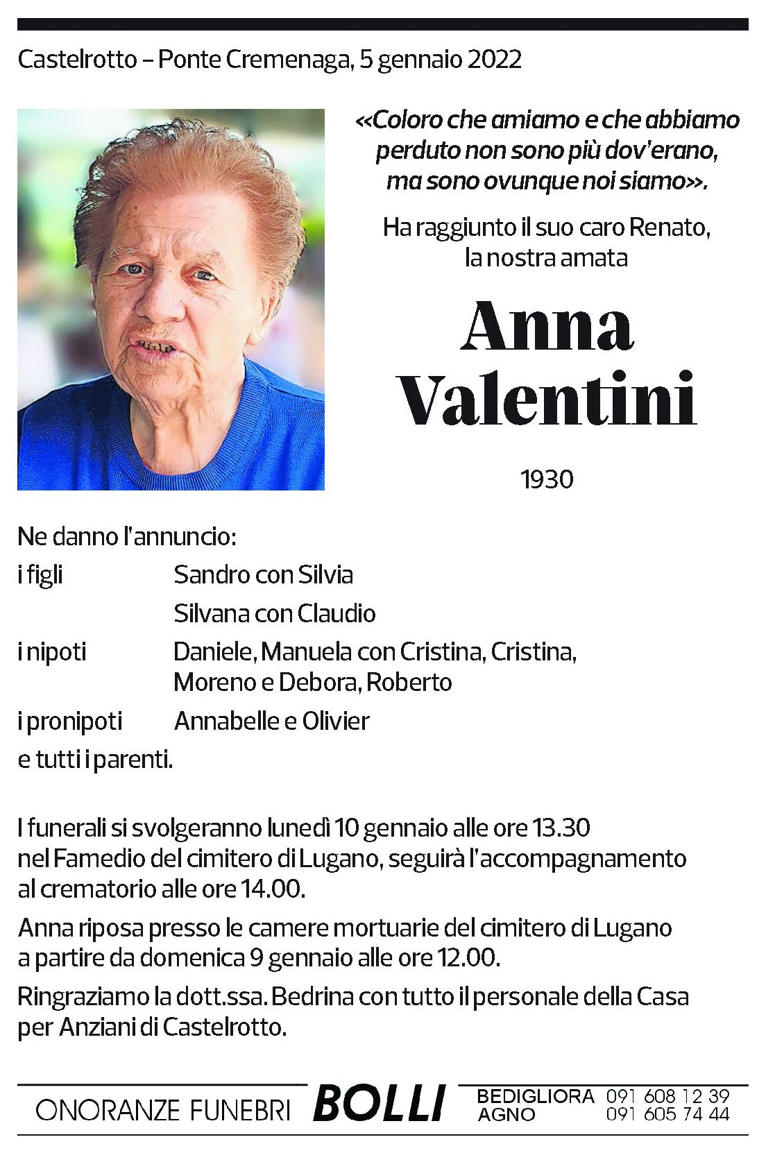 Annuncio funebre Anna Valentini