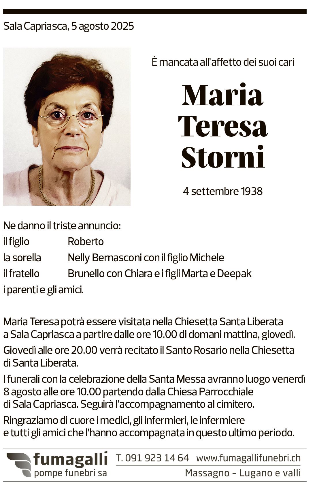 Annuncio funebre Maria Teresa Storni