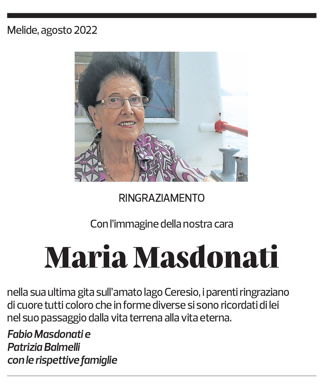 Annuncio funebre Maria Masdonati