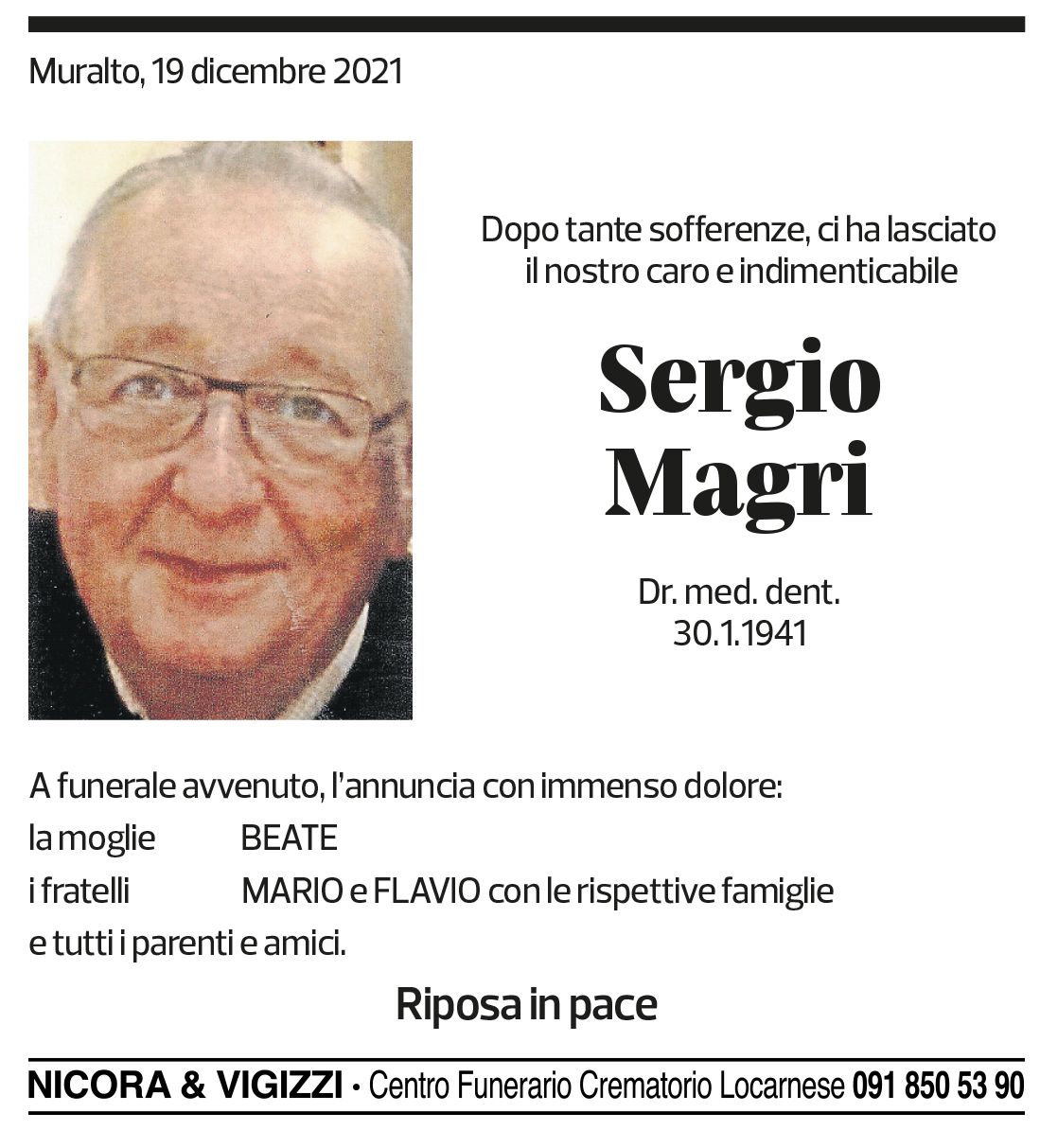 Annuncio funebre Sergio Magri