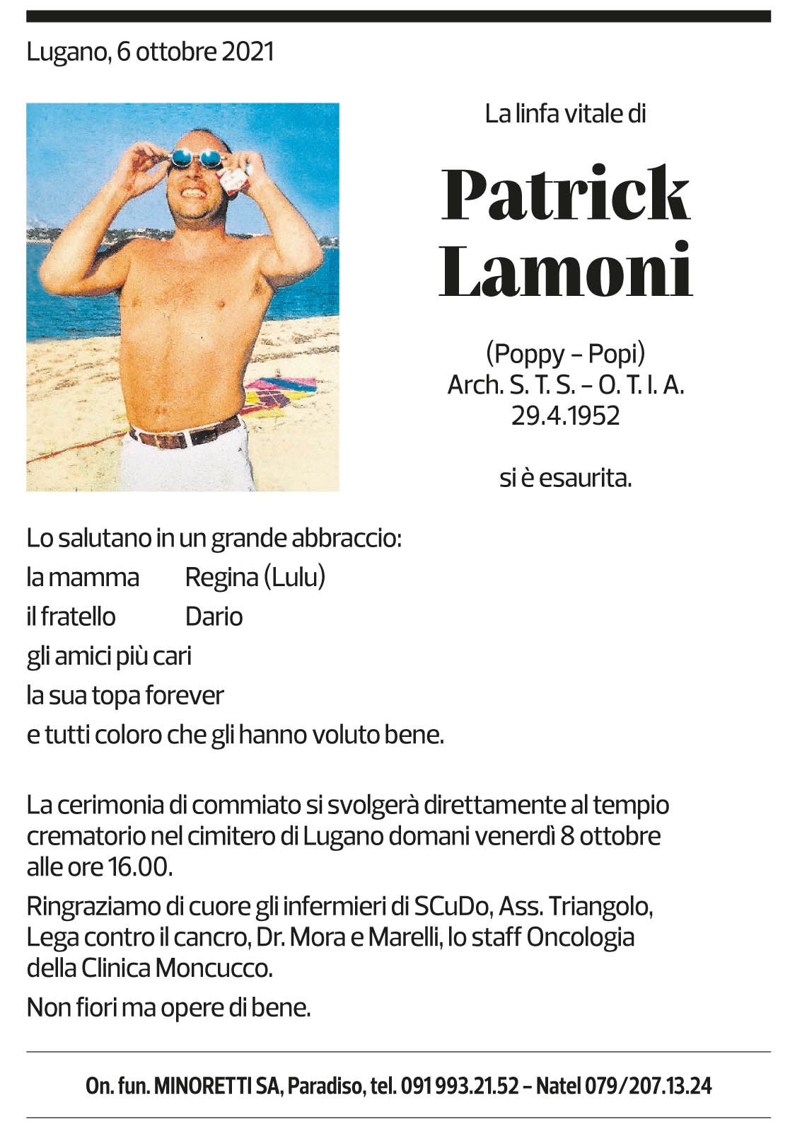 Annuncio funebre Patrick Lamoni