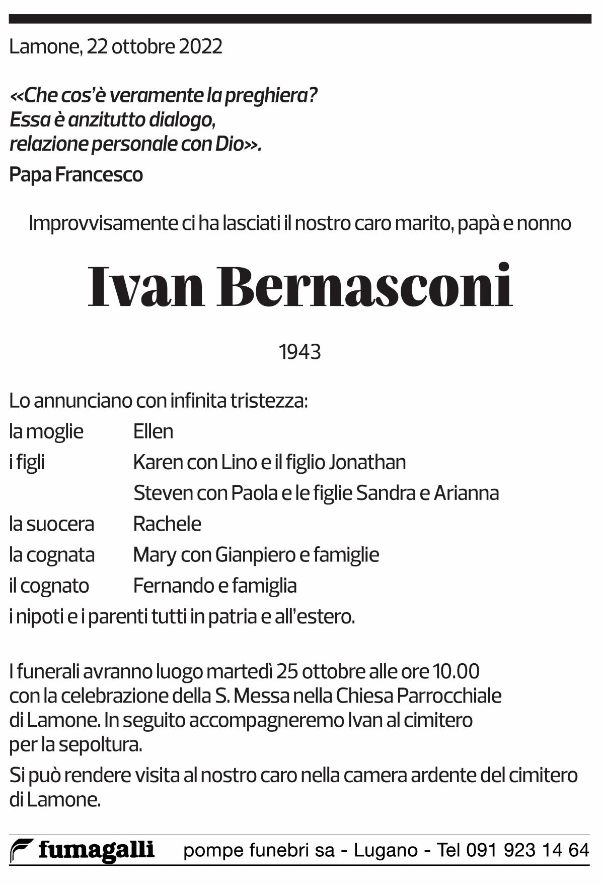 Annuncio funebre Ivan Bernasconi