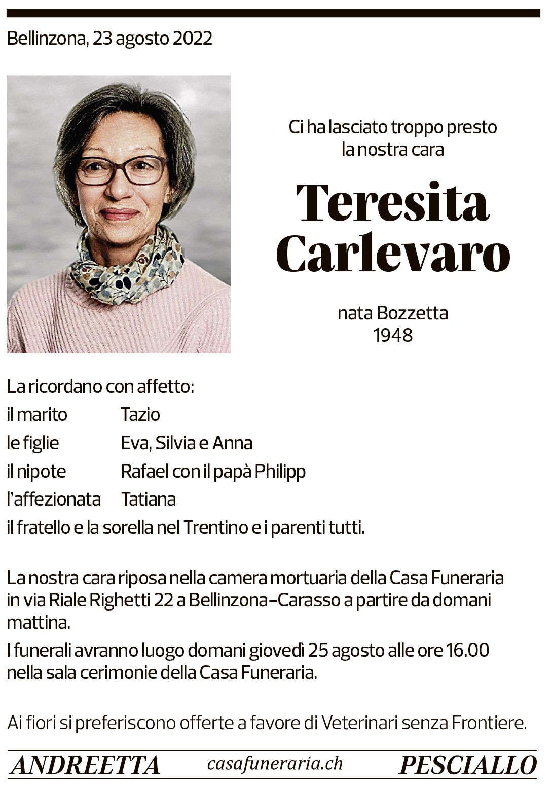 Annuncio funebre Teresita Carlevaro