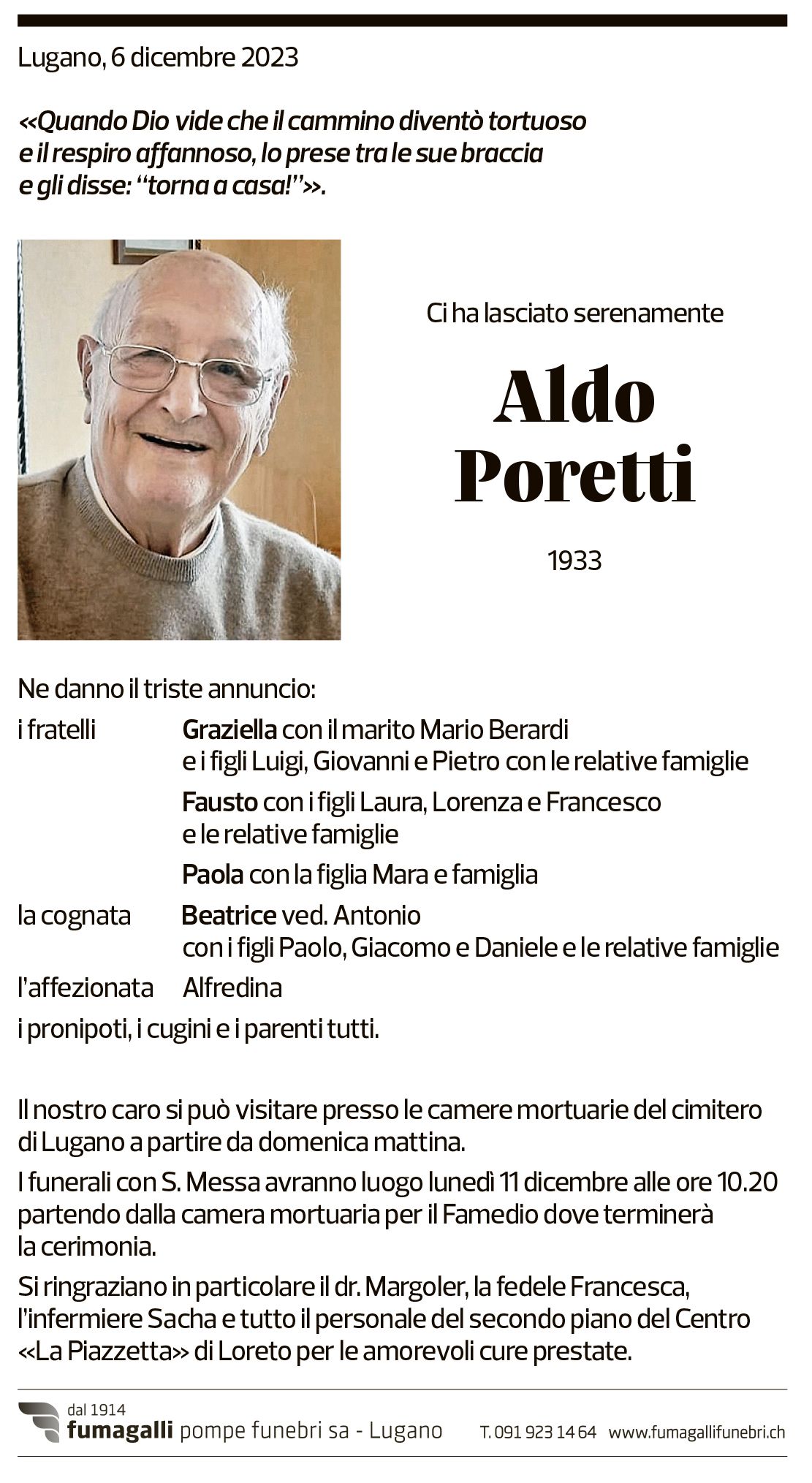 Annuncio funebre Aldo Poretti