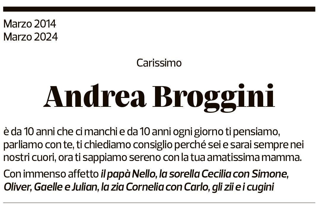 Annuncio funebre Andrea Broggini