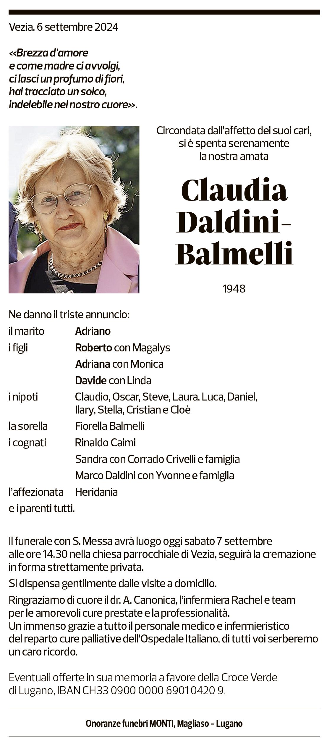 Annuncio funebre Claudia Daldini-balmelli